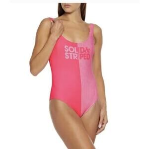 Solid & Striped Logo Print Anne Marie Onepiece Swimsuit Pink Womens Low Back